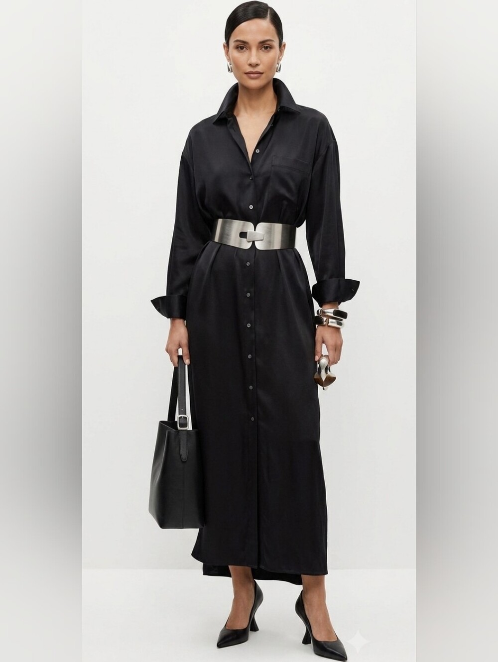 Vtg The J Peterman Black Lightweight Silk Button Down Longline Shirt Dress L